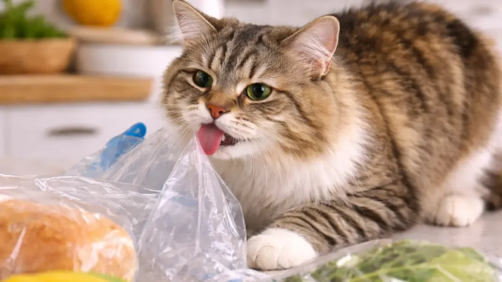 Why do cats lick plastic bags and food wrappers indoors