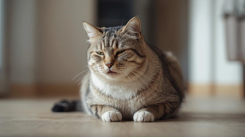 A domestic cat resting on the floor with a tired expression and slight drooling, showing mild symptoms of discomfort