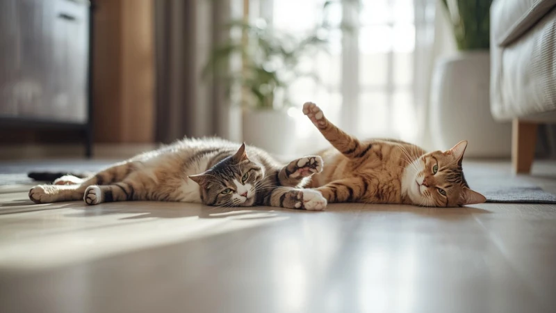 Two domestic cats lying and playing on a home floor, showing how cats spend a lot of time on indoor floors