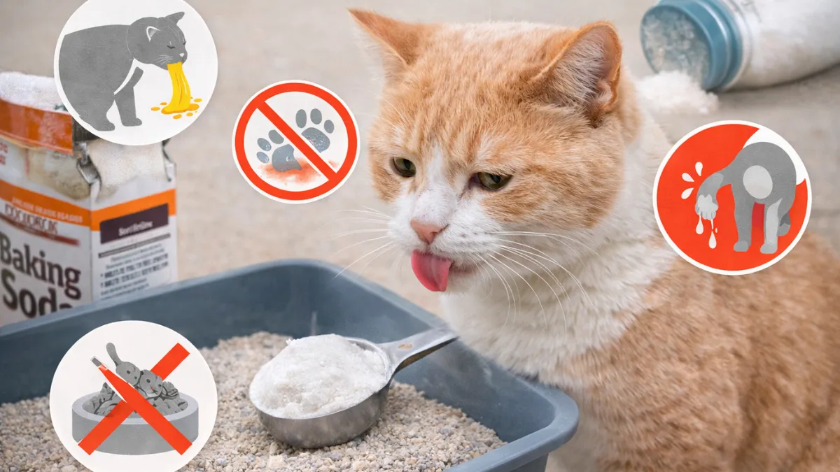 A cat sitting near a litter box with baking soda and warning symbols, showing potential safety concerns for cats