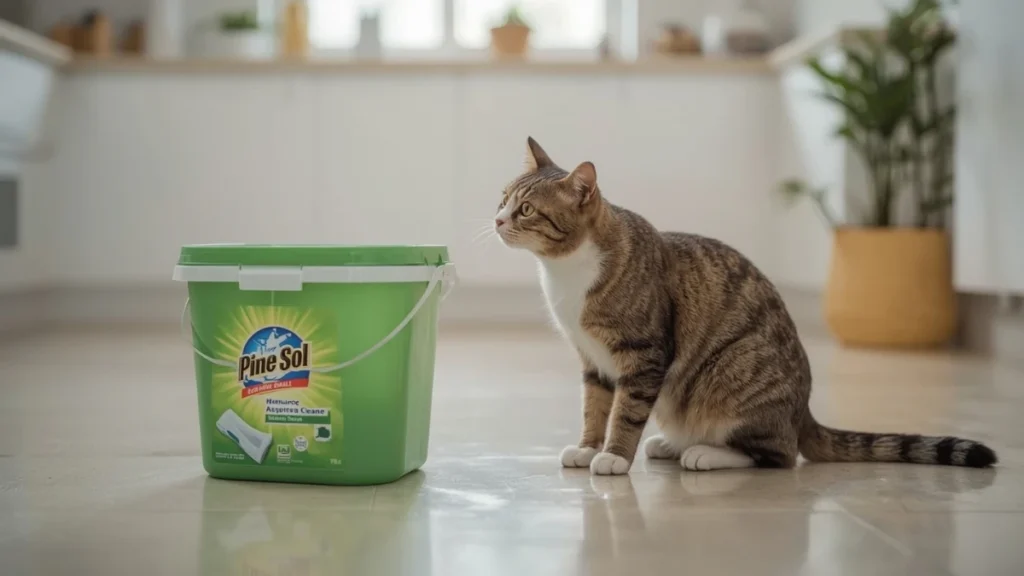 A domestic cat sitting indoors while a bottle of Pine-Sol cleaner is placed nearby