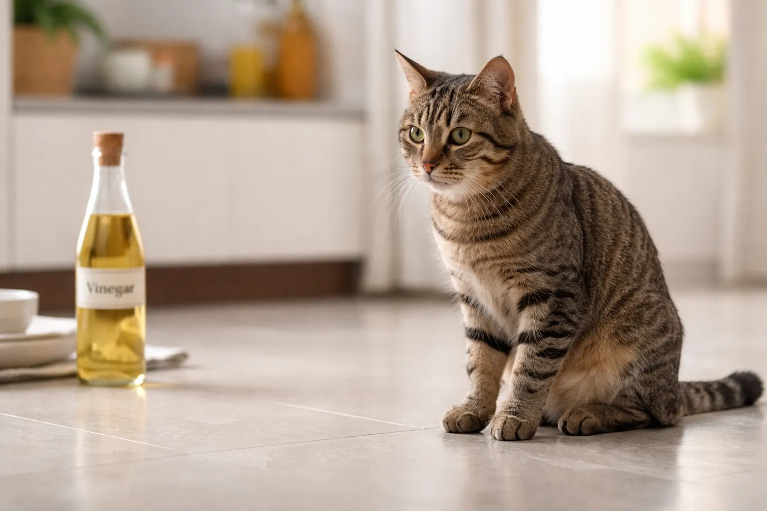 A calm domestic cat sitting on a kitchen floor near a vinegar bottle placed safely in the background