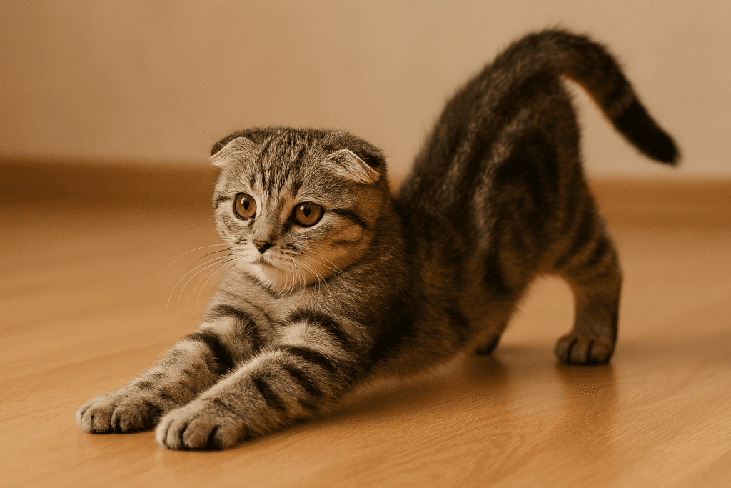 Scottish Fold kitten stretching on floor, showing joint flexibility