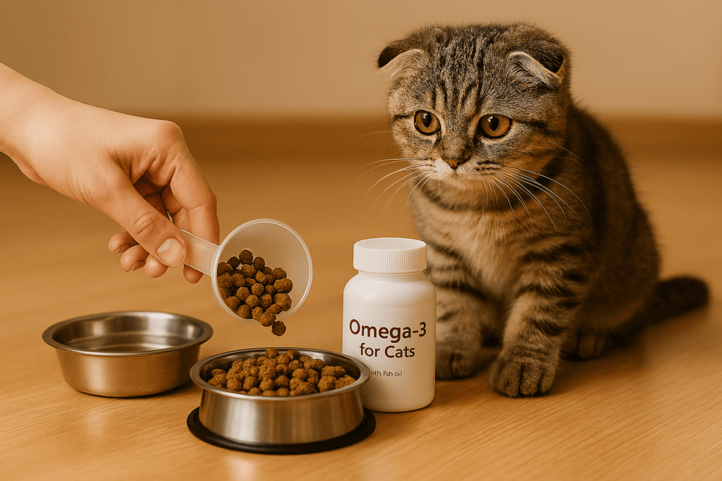 Owner measuring dry food with water bowl nearby, kitten watching