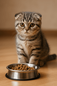 Scottish Fold kitten sitting beside a food bowl on wooden floor