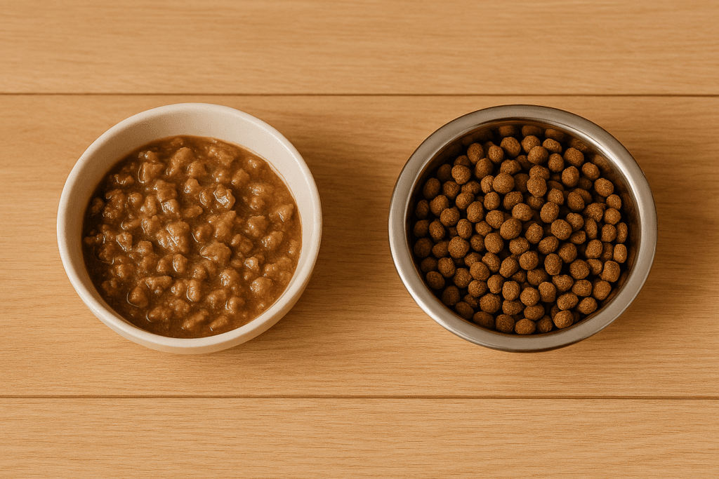 Wet and dry cat food bowls side by side on hardwood floor