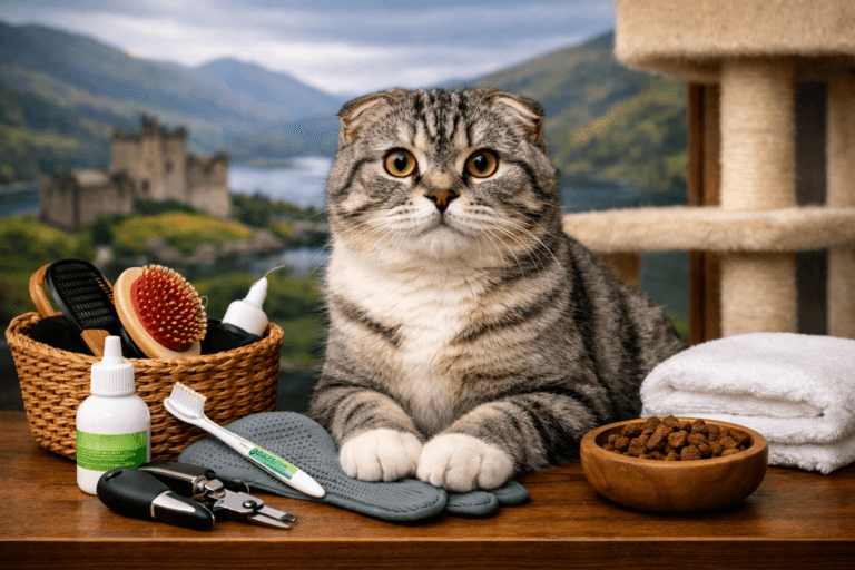 Scottish Fold cat sitting on grooming table with brushes, ear cleaner, and food bowl in front of Scottish Highlands window view