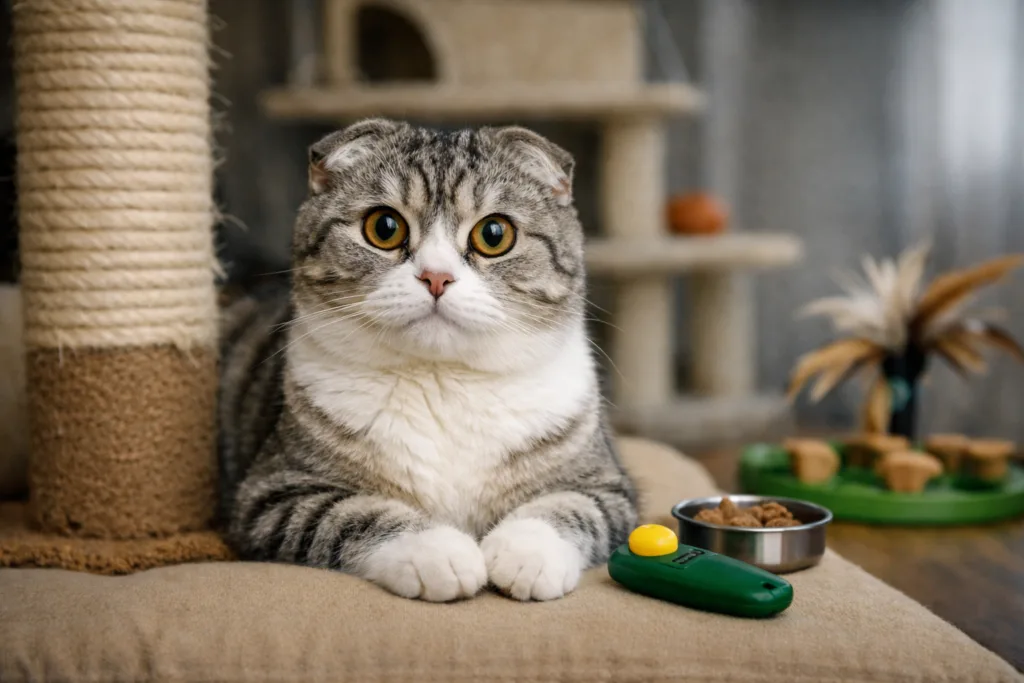 Scottish Fold cat sitting beside a scratch post with a green clicker and treat bowl, ready for training.