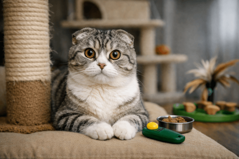 Scottish Fold cat sitting beside a scratch post with a green clicker and treat bowl, ready for training.