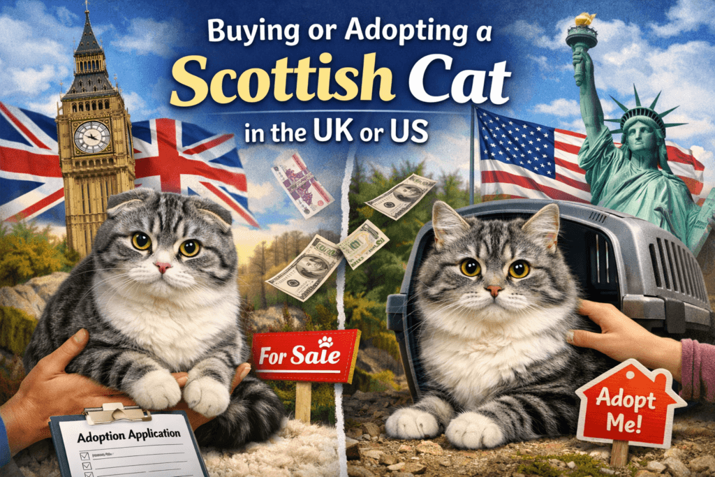 Scottish Cat Breeds | Every Breed from Scotland Explained 6 A person holding a Scottish Fold kitten at a breeder or rescue center, representing the process of adopting a Scottish cat in the UK or US