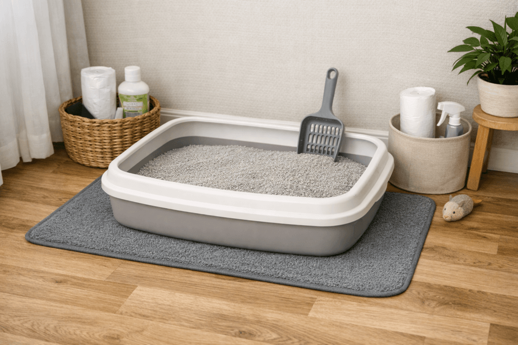 clean uncovered litter box with clumping unscented litter placed in a quiet corner away from food.