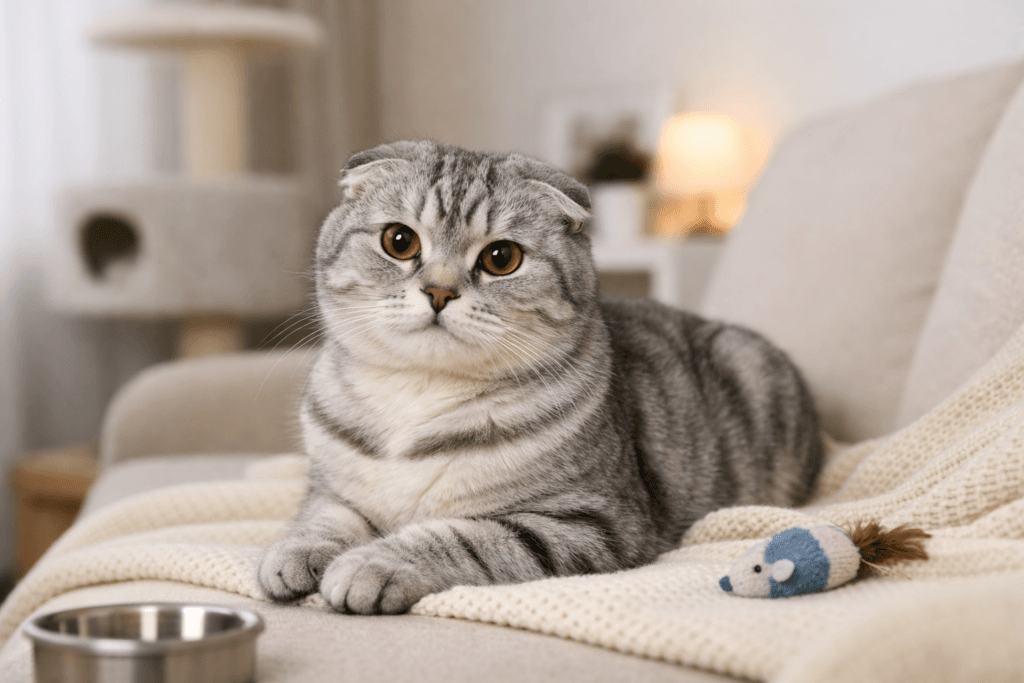 cat care tips for beginners – Scottish Fold cat sitting comfortably in a cozy home setup