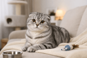Scottish Fold cat care tips for beginners – Scottish Fold cat sitting comfortably in a cozy home setup
