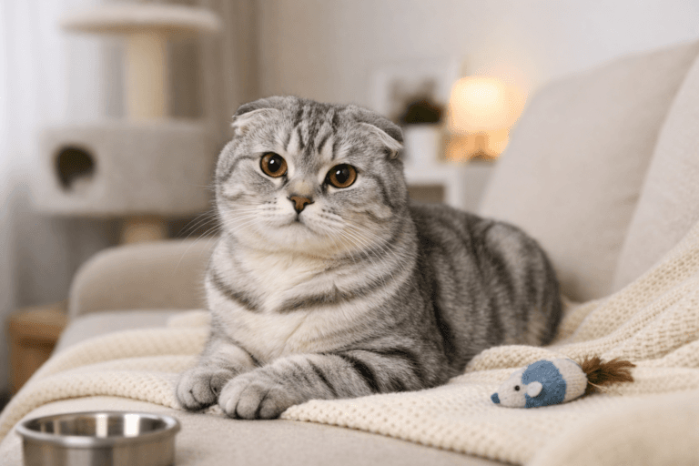 cat care tips for beginners – Scottish Fold cat sitting comfortably in a cozy home setup