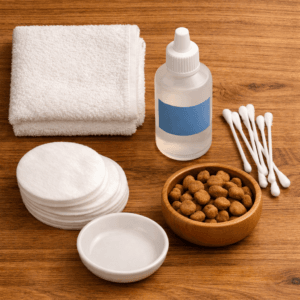 Cat ear cleaning supplies including solution bottle cotton balls gauze and treats