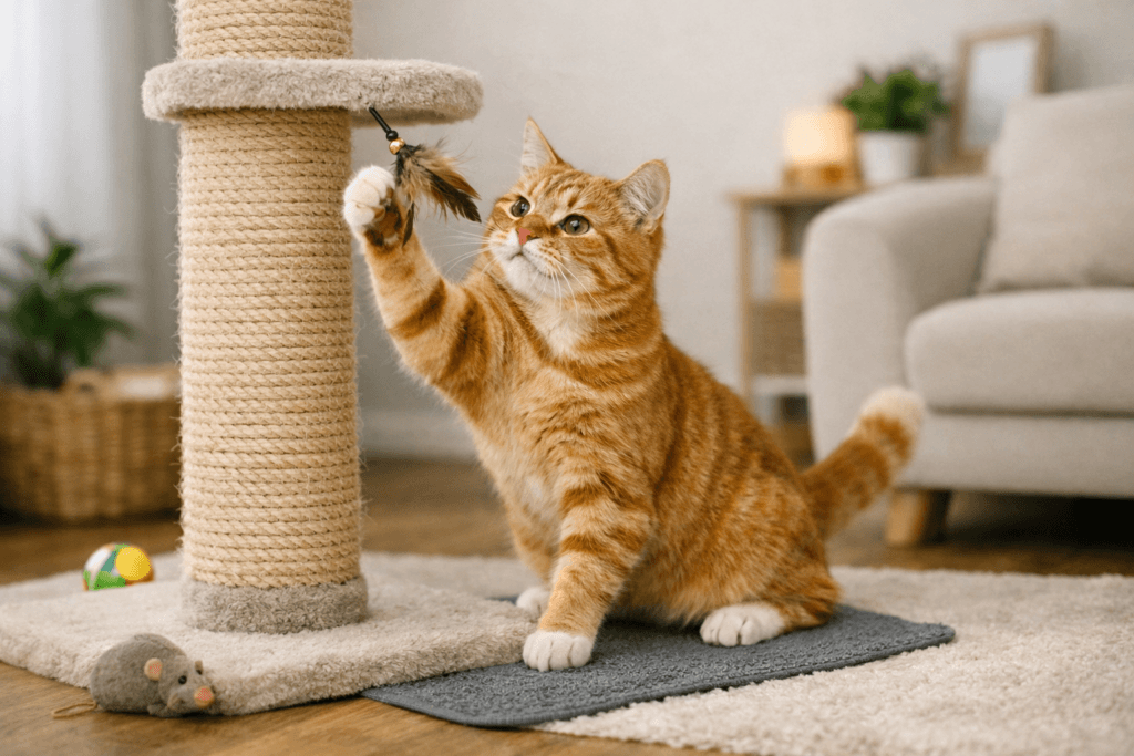 tabby cat playing with feather wand toy next to tall sisal scratching post in bright living room.