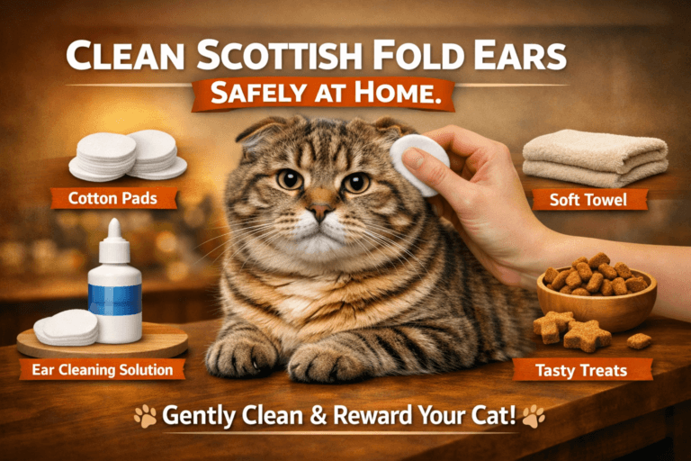 Owner cleaning Scottish Fold cat ears with cotton pad at home