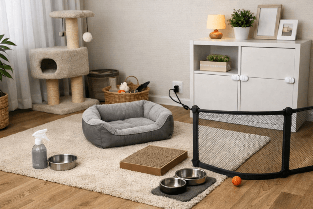 cat-proofed living room with cat bed, food bowl, water bowl, litter box and scratching post in one quiet room.
