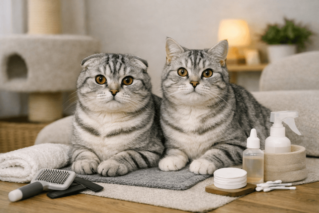 scottish fold and scottish straight cat sitting together in calm home environment showing breed similarities.