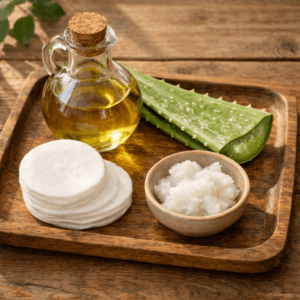 Natural cat ear cleaning ingredients olive oil aloe vera and coconut oil on wooden tray