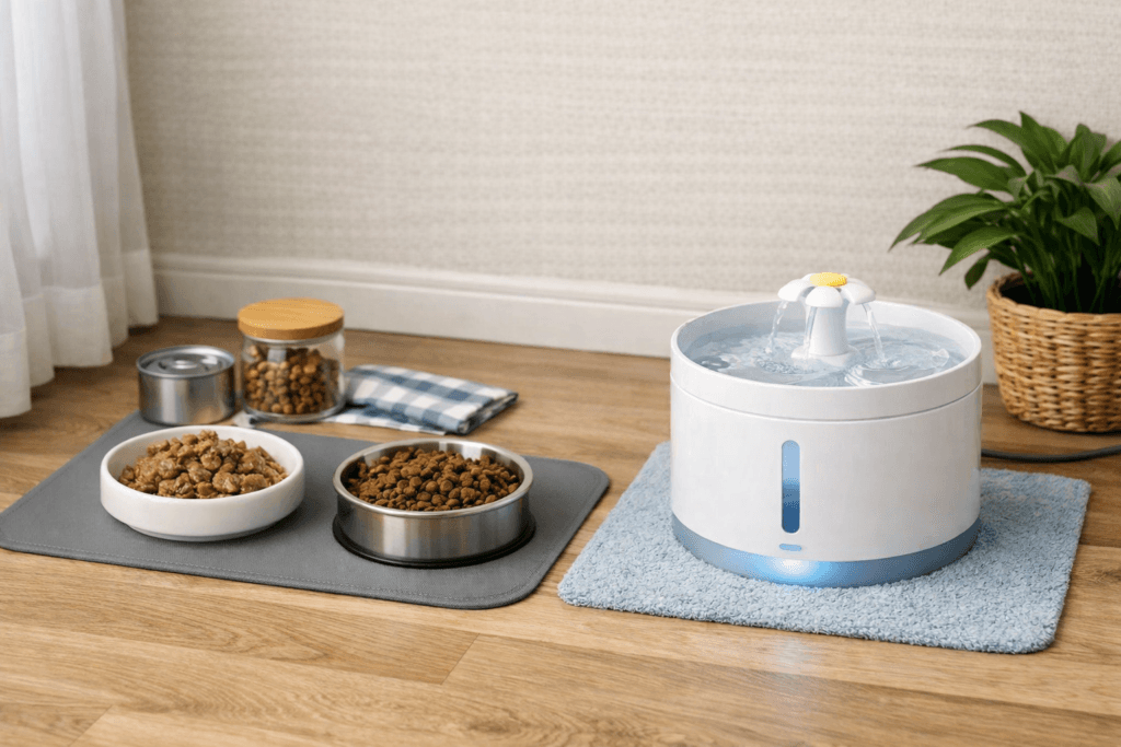 cat eating high-quality wet food from ceramic bowl with separate water fountain placed away from food.