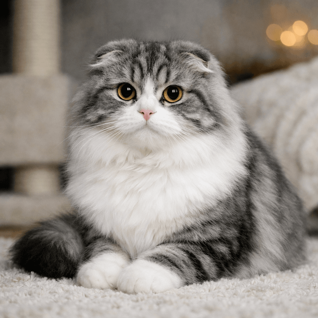 Scottish Cat Breeds | Every Breed from Scotland Explained 3 A Scottish Straight cat with upright ears and a round face, resting in a calm posture with a short dense coat