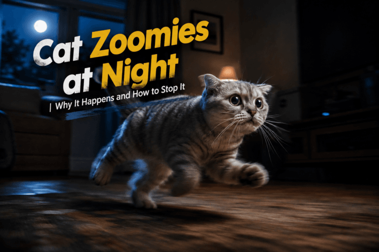 Cat zoomies at night, cat sprinting through a dark room