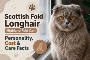 Scottish Fold Longhair cat with folded ears and fluffy grey coat sitting by a window