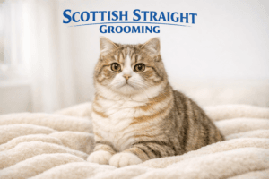 Scottish Straight cat with upright ears sitting for a grooming guide