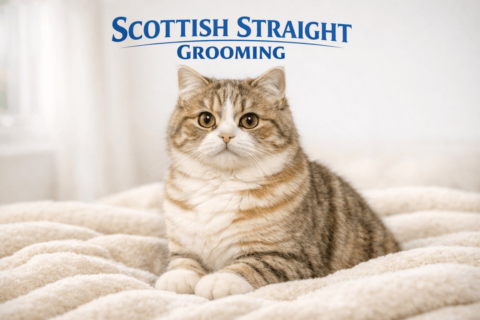 Scottish Straight cat with upright ears sitting for a grooming guide