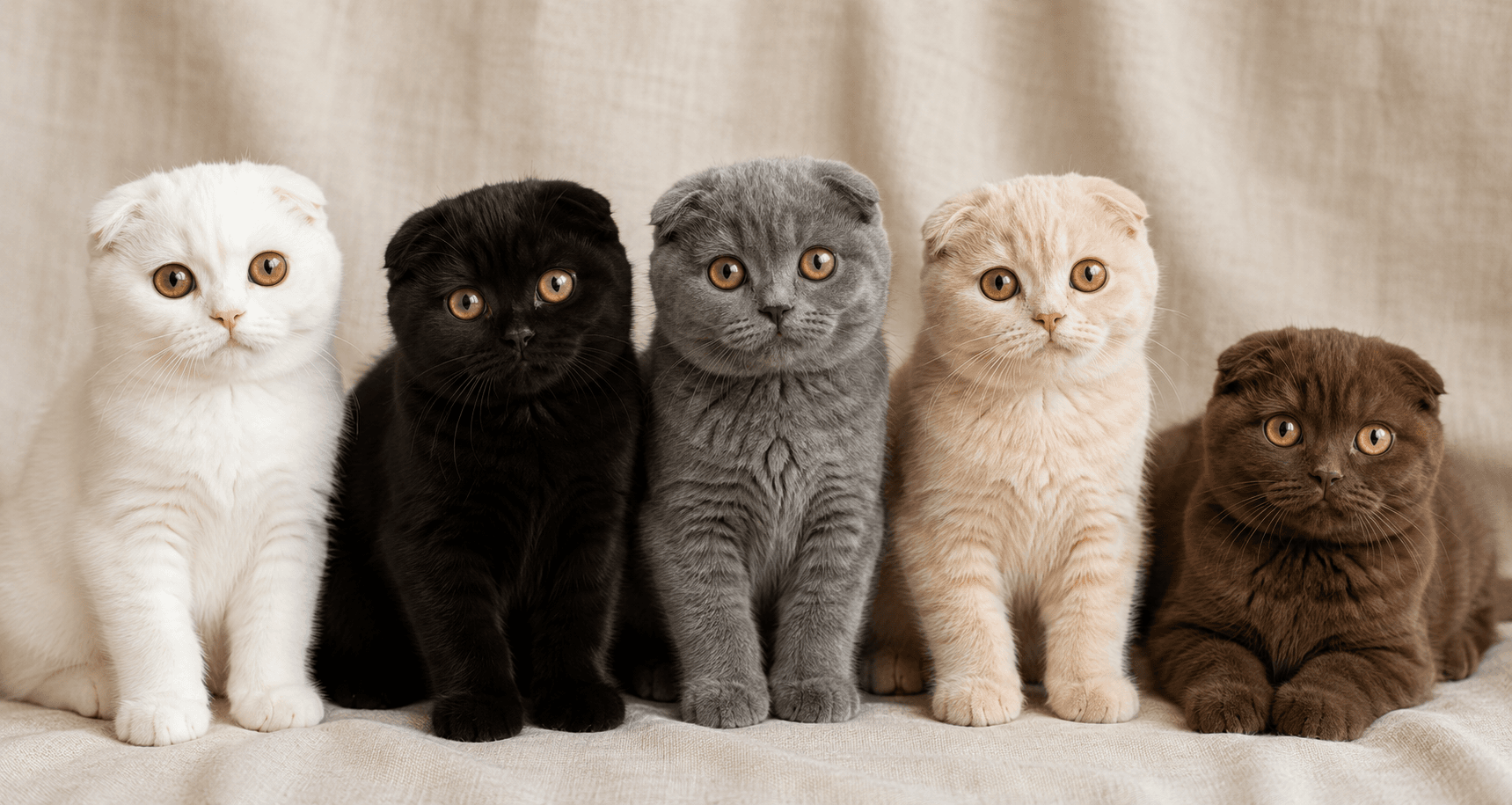 Group of Scottish Fold cats in different colors including white, black, blue and chocolate