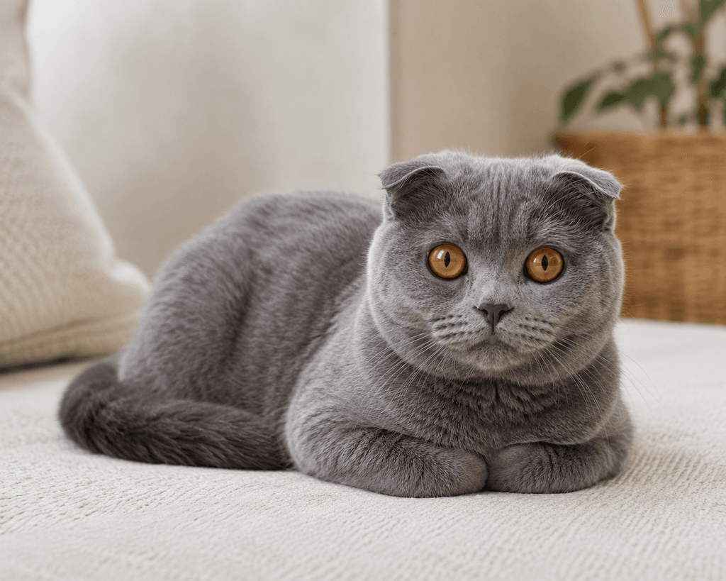 Blue grey Scottish Fold cat sitting in a loafing position with copper eyes