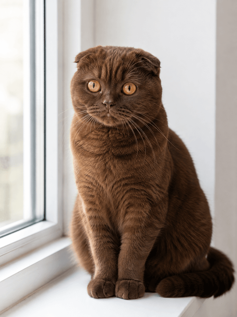 Chocolate brown Scottish Fold cat sitting near a window in natural light