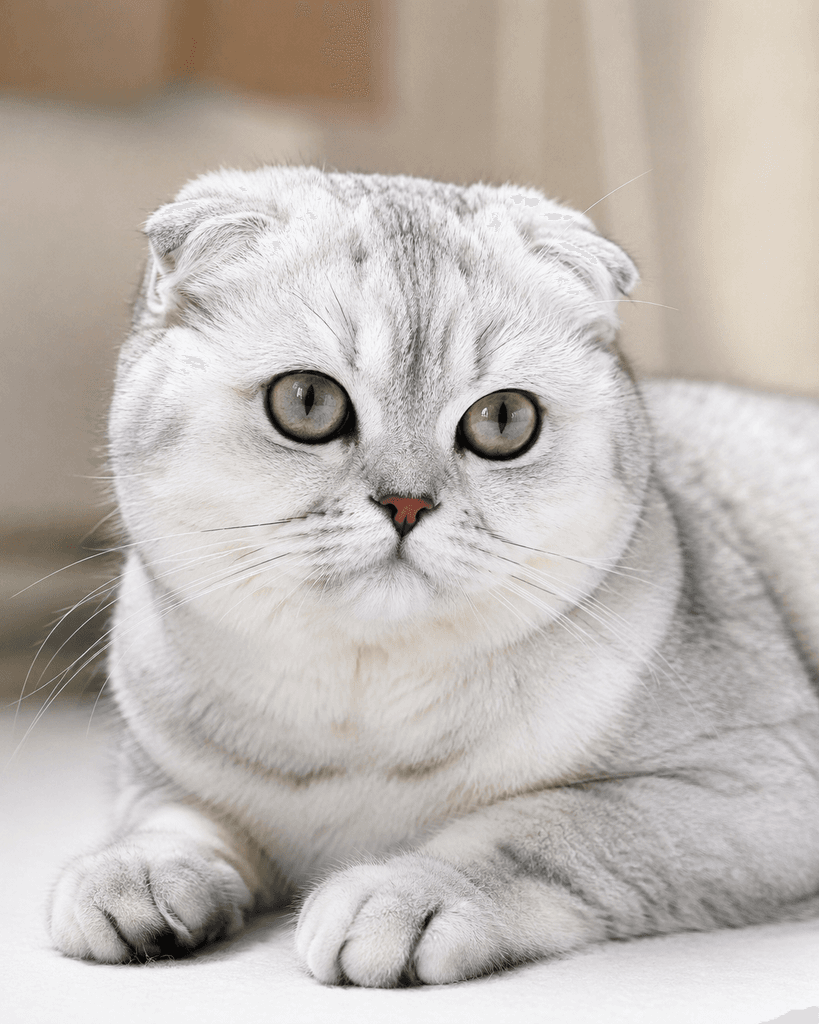 Chinchilla silver Scottish Fold cat with green eyes and tipped silver coat