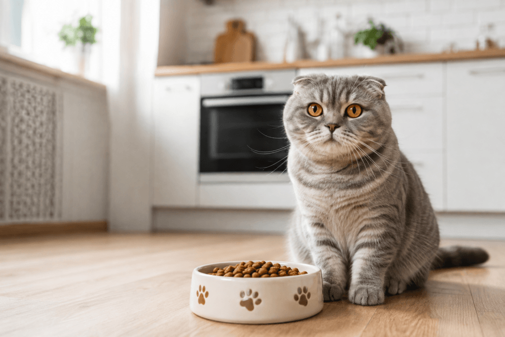 Scottish Fold cat sitting beside a food bowl for joint support diet