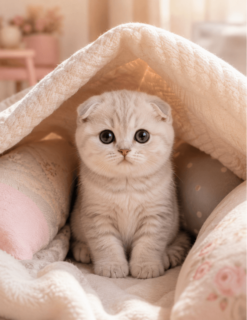 Cute Scottish Fold kitten with folded ears sitting in a cozy blanket fort