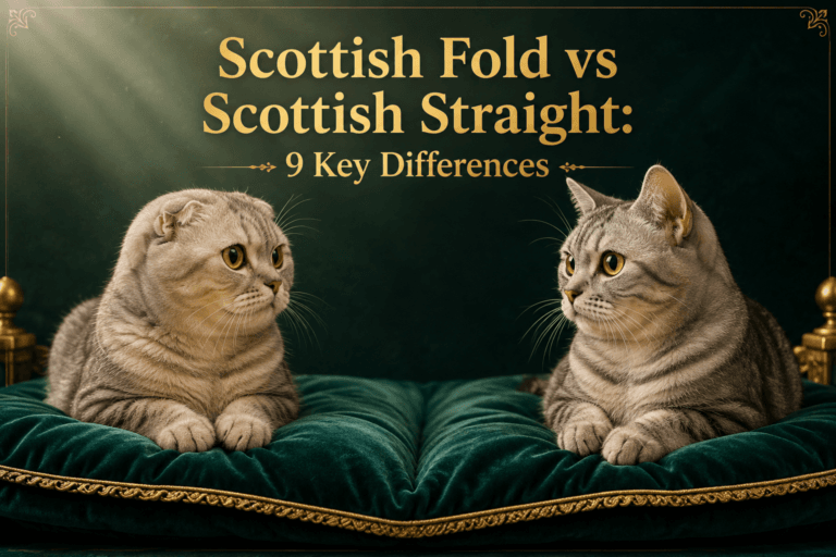 Scottish Fold cat with folded ears and Scottish Straight cat with upright ears sitting side by side on an emerald velvet cushion.