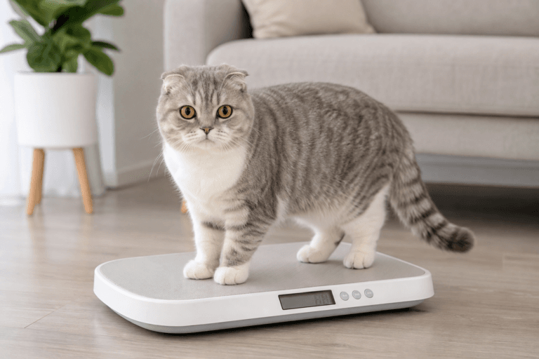 Scottish Fold weight management guide showing a cat being weighed