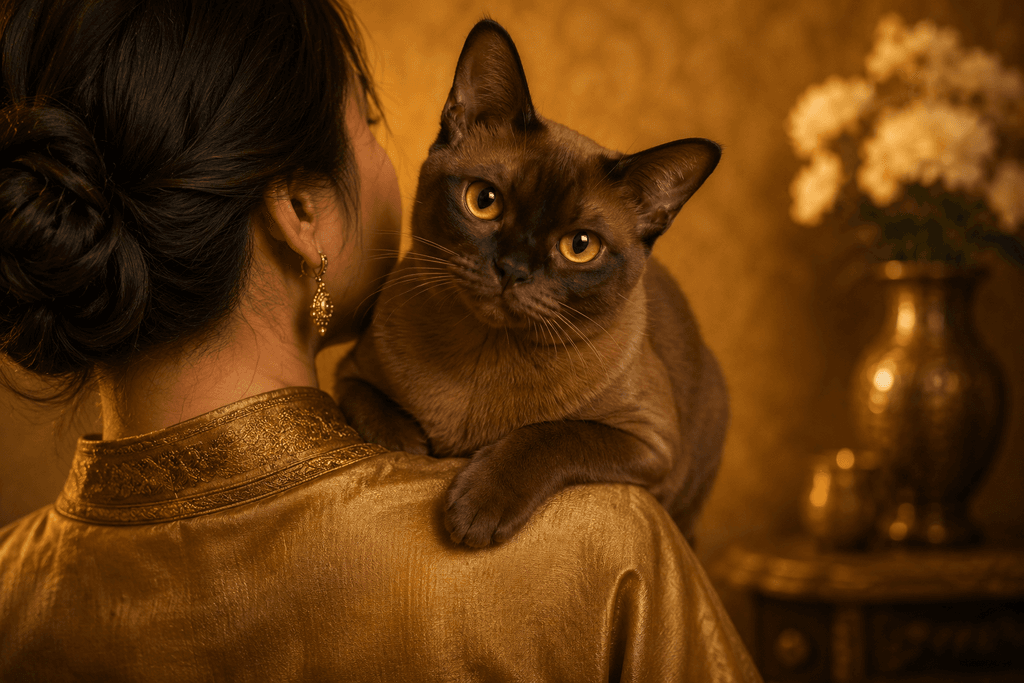Burmese affectionate cat breed sitting on owner's shoulder