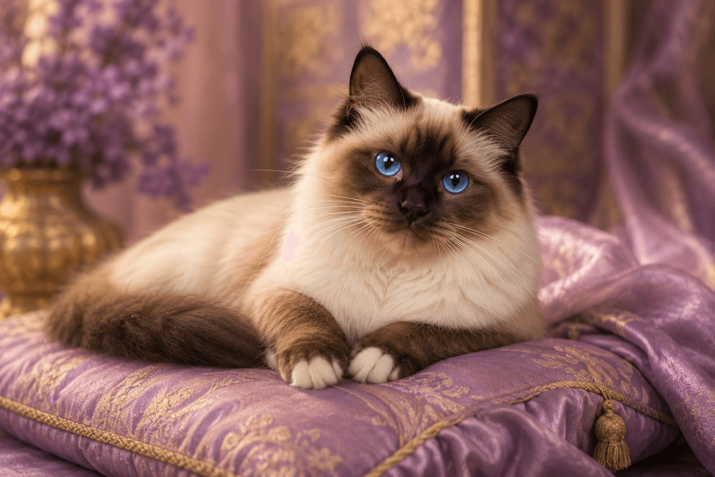 Birman affectionate cat breed resting gracefully on silk cushion