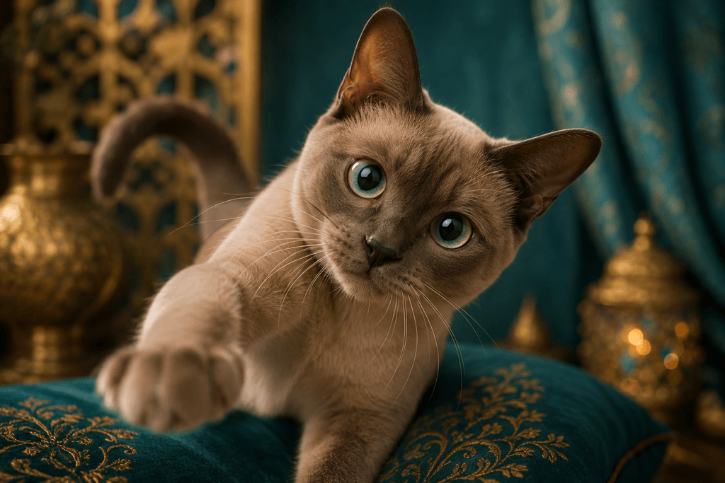 Tonkinese affectionate cat breed leaning forward playfully
