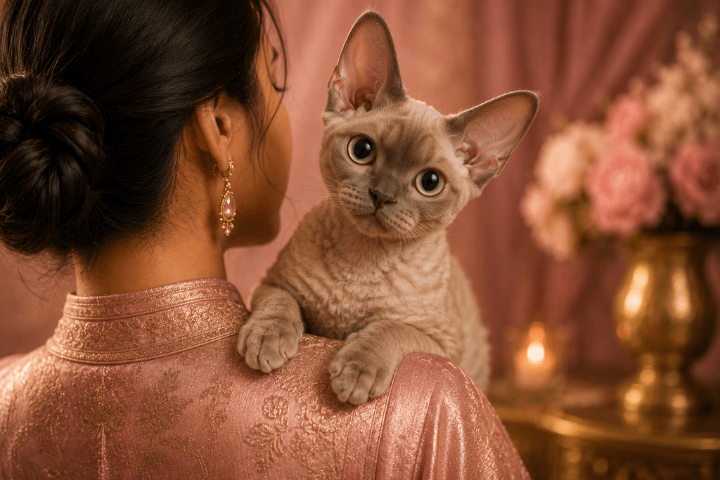 Devon Rex affectionate cat breed perched on owner's shoulder