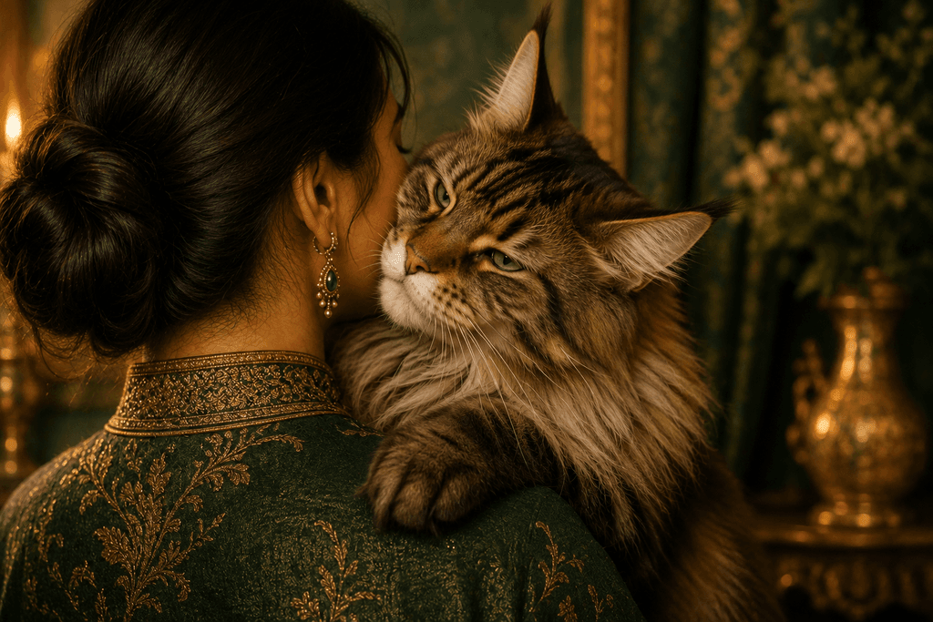Maine Coon affectionate cat breed nuzzling its owner gently