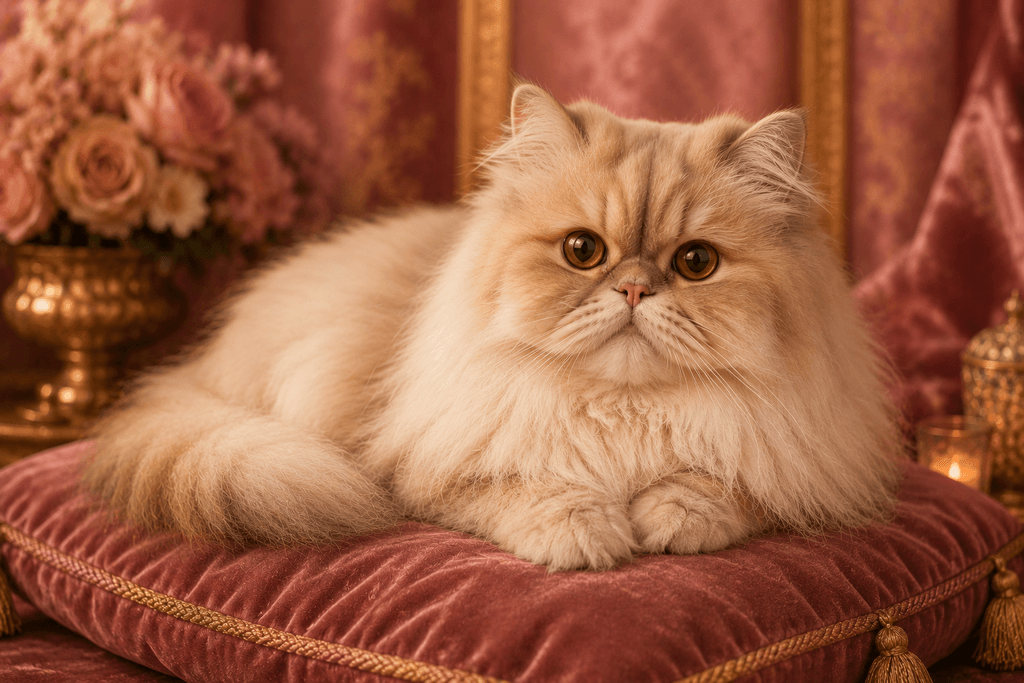 Persian affectionate cat breed resting calmly on velvet cushion