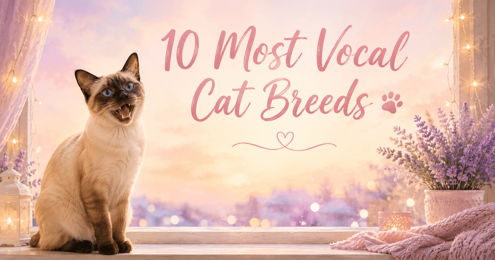 Vocal cat breeds Siamese cat meowing on windowsill at sunset