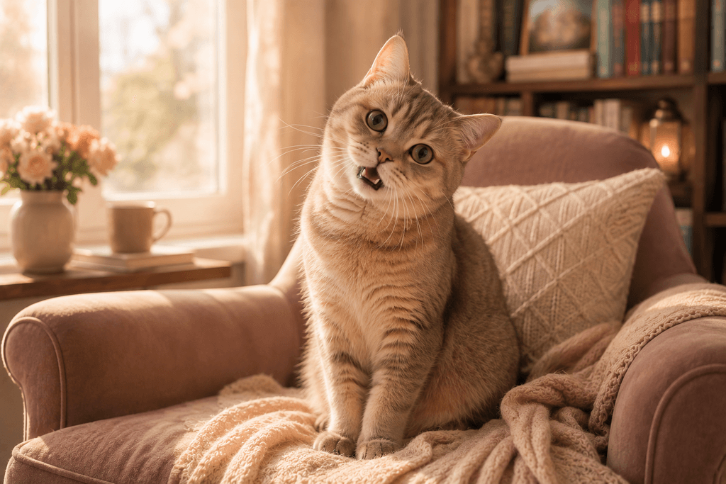 Vocal cat breed sitting and chatting on a cozy reading chair