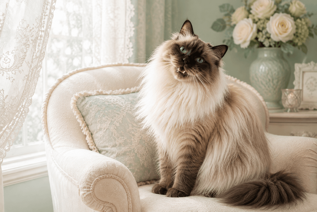 Vocal cat breed Balinese cat chirping near lace curtain window
