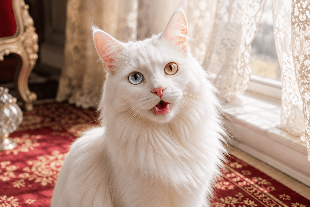 Vocal cat breed Turkish Angora cat chirping on windowsill