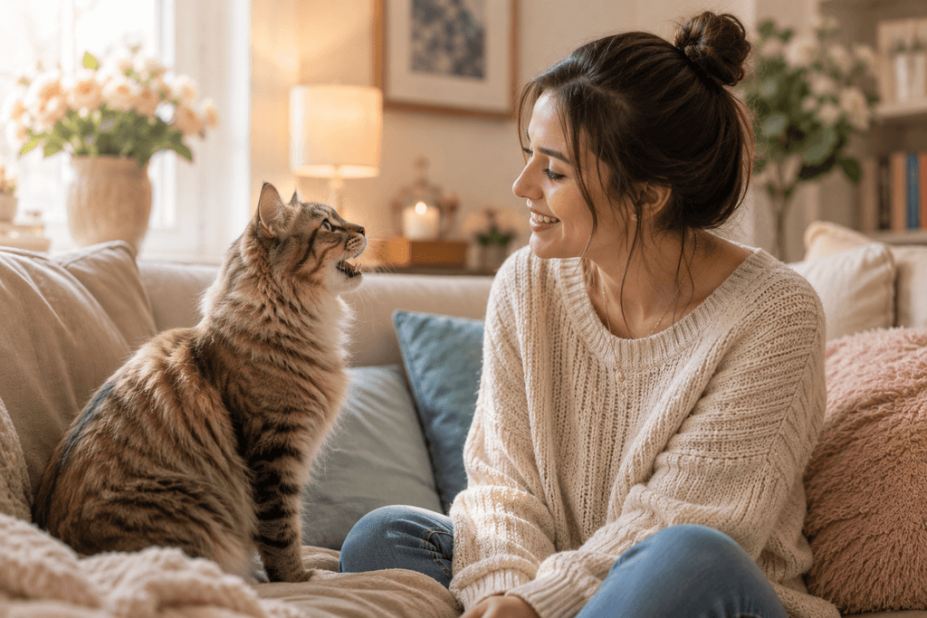 A smiling woman sitting on a cozy couch while her fluffy cat faces her with its mouth open mid-meow in a warm living room.