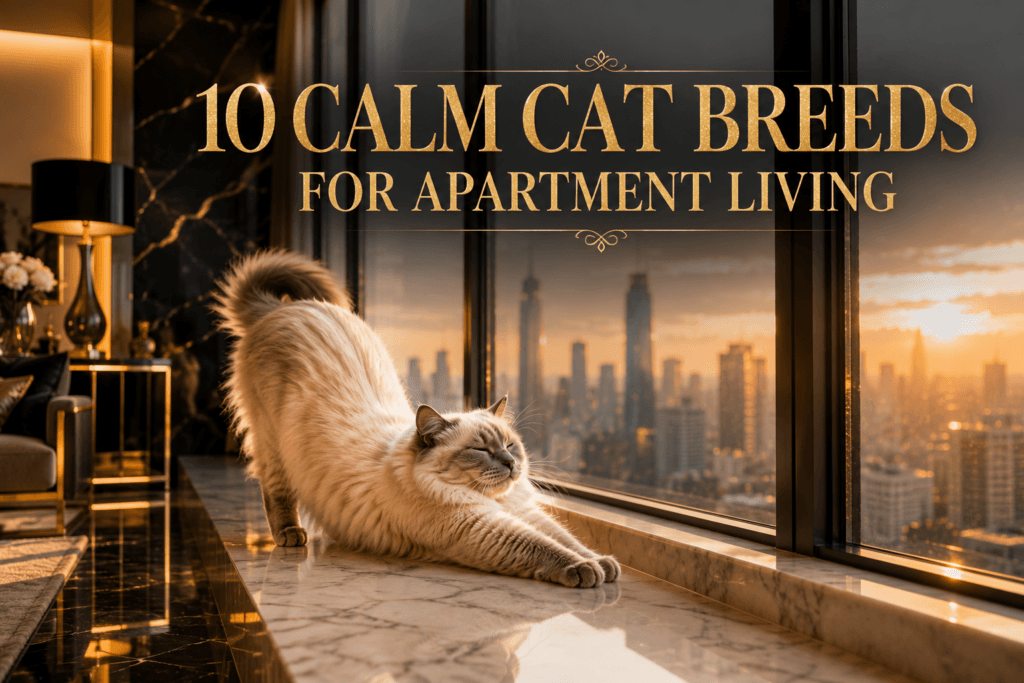 Cat breeds for apartment living stretching on penthouse windowsill